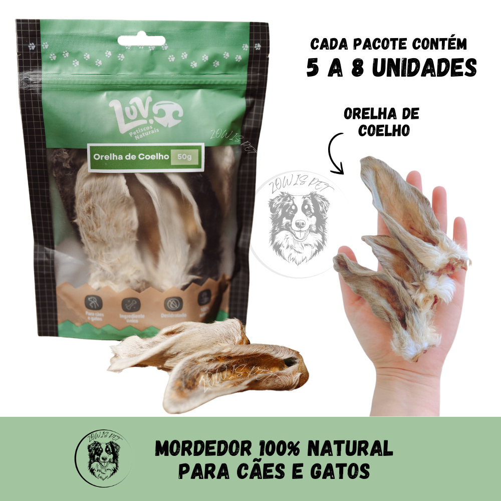 Petisco Orelha de Coelho 50gr Desidratada Mordedor 100% Natural Para Cães e Gatos - Luv