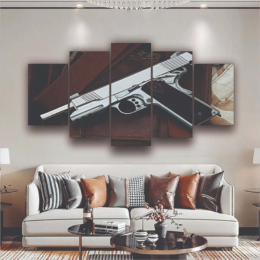 Quadro Decorativo Arma De Fogo Prata Revólver Quarto Loja 5 PEÇAS