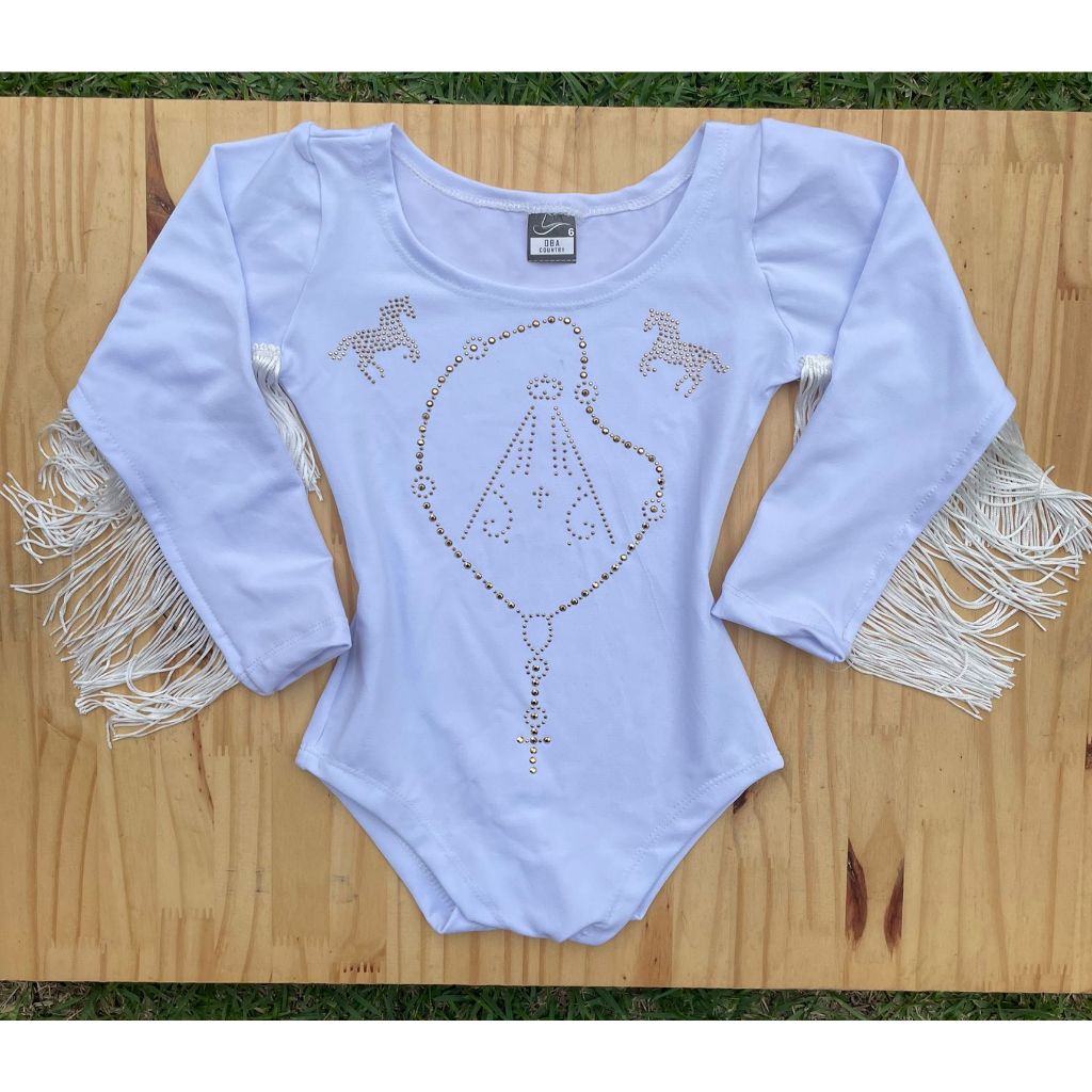 Body Infantil Manga Longa Franja Preto e Branco Strass Pedraria Brilho Country Santa Religioso Boiadeira