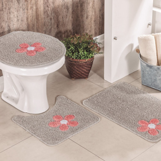 Kit Jogo de Tapete de Banheiro Algodão Cotton Com Aplique 3 Peças Pelo Baixo Várias Cores em Oferta na Shopee