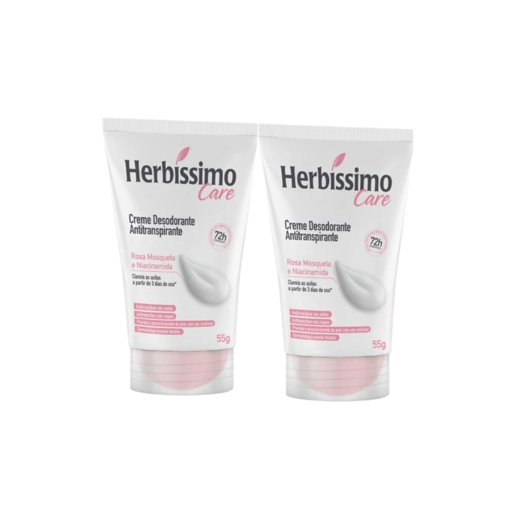 Creme Desodorante Antitranspirante Herbissimo Rosa Mosqueta e Niacinamida Bisnaga 55g - Kit com 2