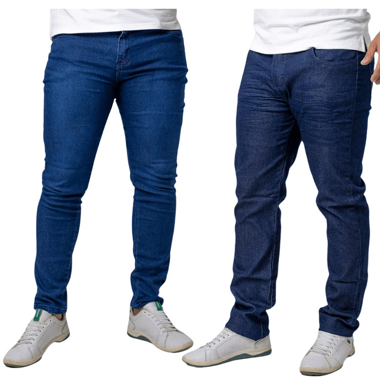 Kit 2 Calças Jeans Masculina Slim Fit Lycra Elastano Azul Escuro Used Sarja Tradicional Trabalho Casual