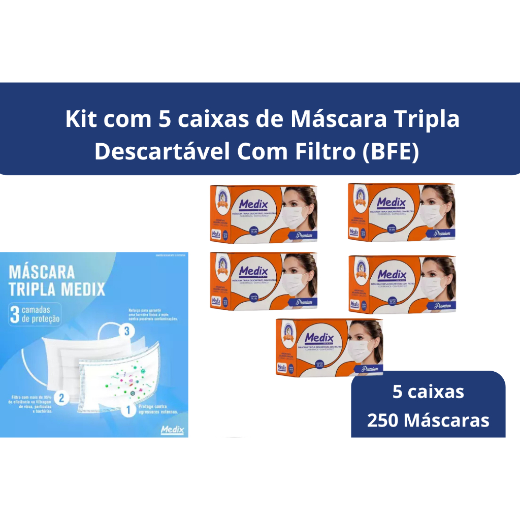 Kit 5 Caixas de Máscara Tripla Descartável Com Filtro (BFE) Branca Caixa 50 un - Medix