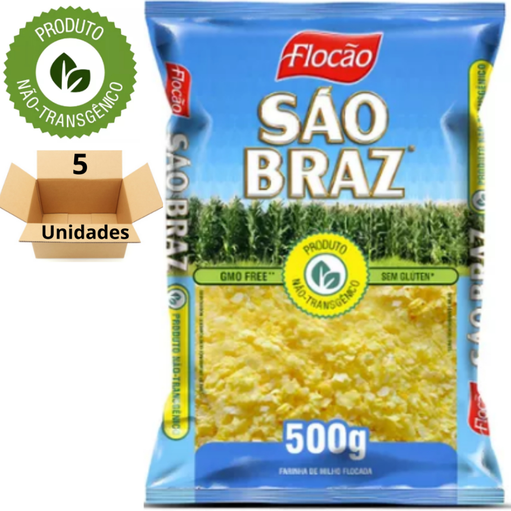 KIT 5 Flocao de Milho Não Transgêncio 500g - São Braz Cuscuz 100% Natural Sem Glúten Farinha
