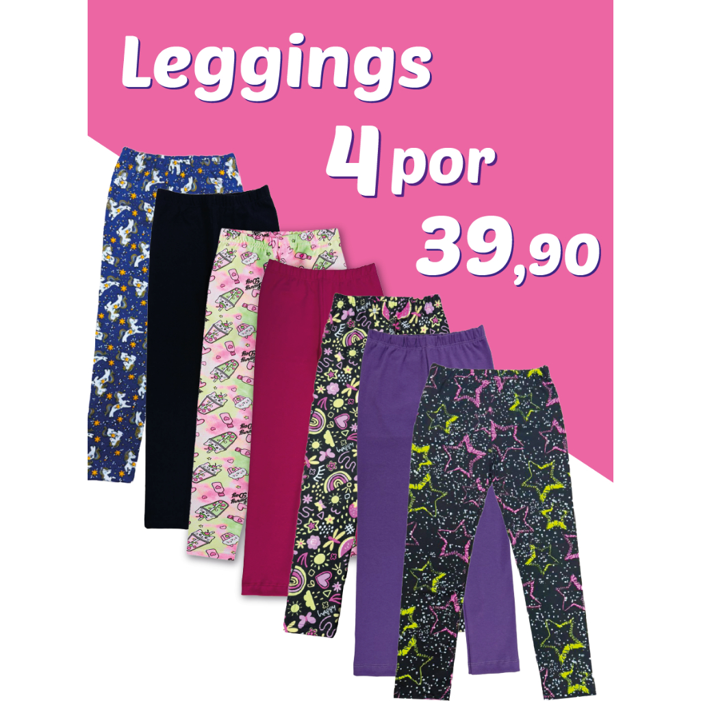 Kit C/ 4 Calças Legging Infantil Menina de Suplex Com Elastano - Kit Sortido - Promoção Relampago