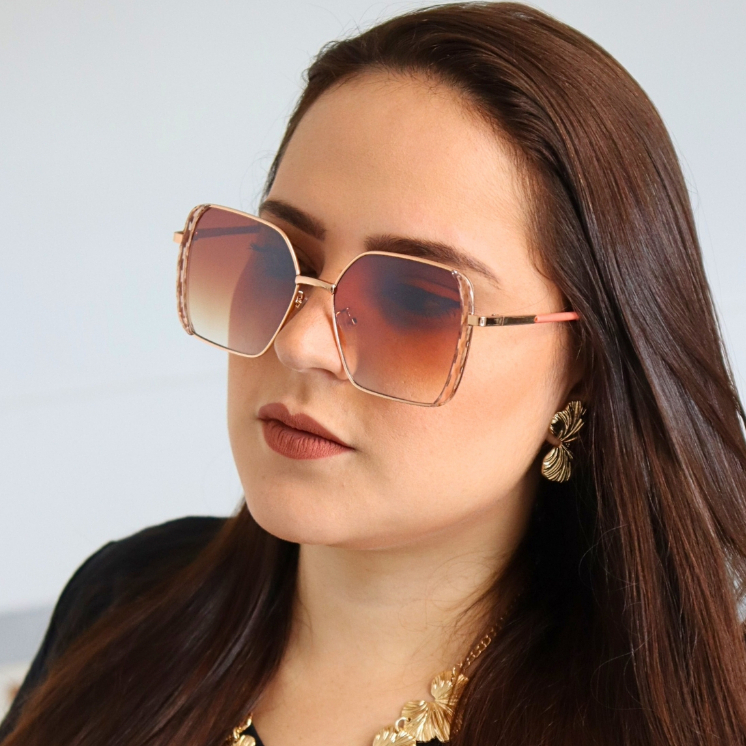Óculos de Sol Luna Feminino Marrom Degradê Premium Quadrado Grande Vintage Cristal Blogueira uv400