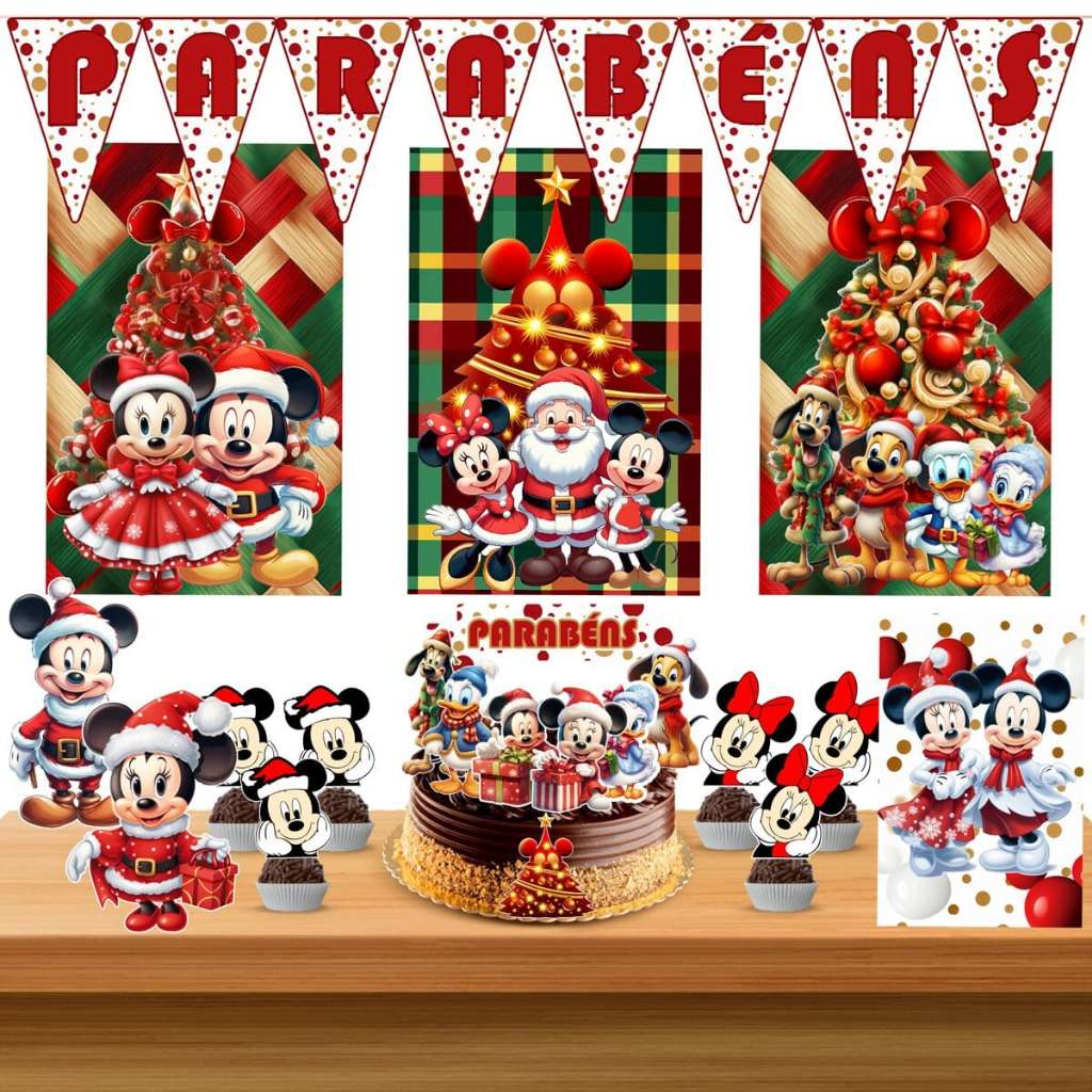 Kit Decoração Festa Personalizado Natal Mickey e Minnie Completa Monta Fácil 35 Itens