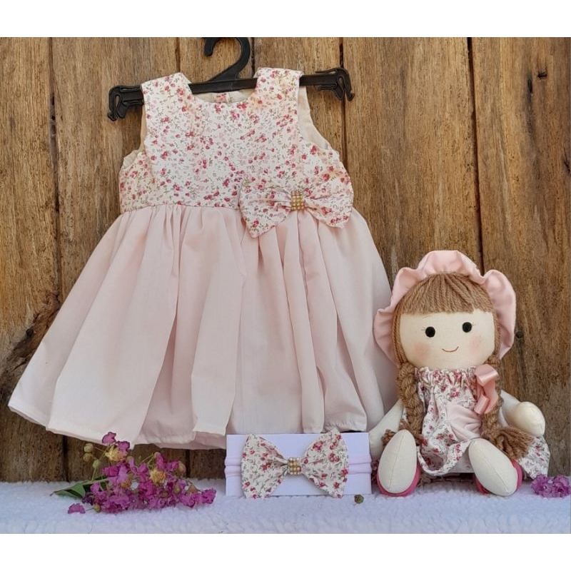 Vestido infantil com boneca de pano +  calcinha + laço de cabelo, kit vestido infantil com boneca de pano