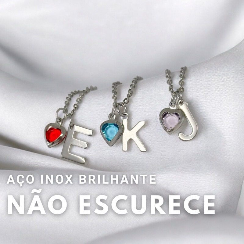 Colar Letra Inicial Coração - Colar Zircônias Aço Inoxidável não escurece Colar Coração letra nome inicial em Oferta na Shopee