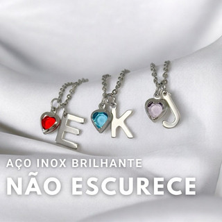 Colar Letra Inicial Coração - Colar Zircônias Aço Inoxidável não escurece Colar Coração letra nome inicial