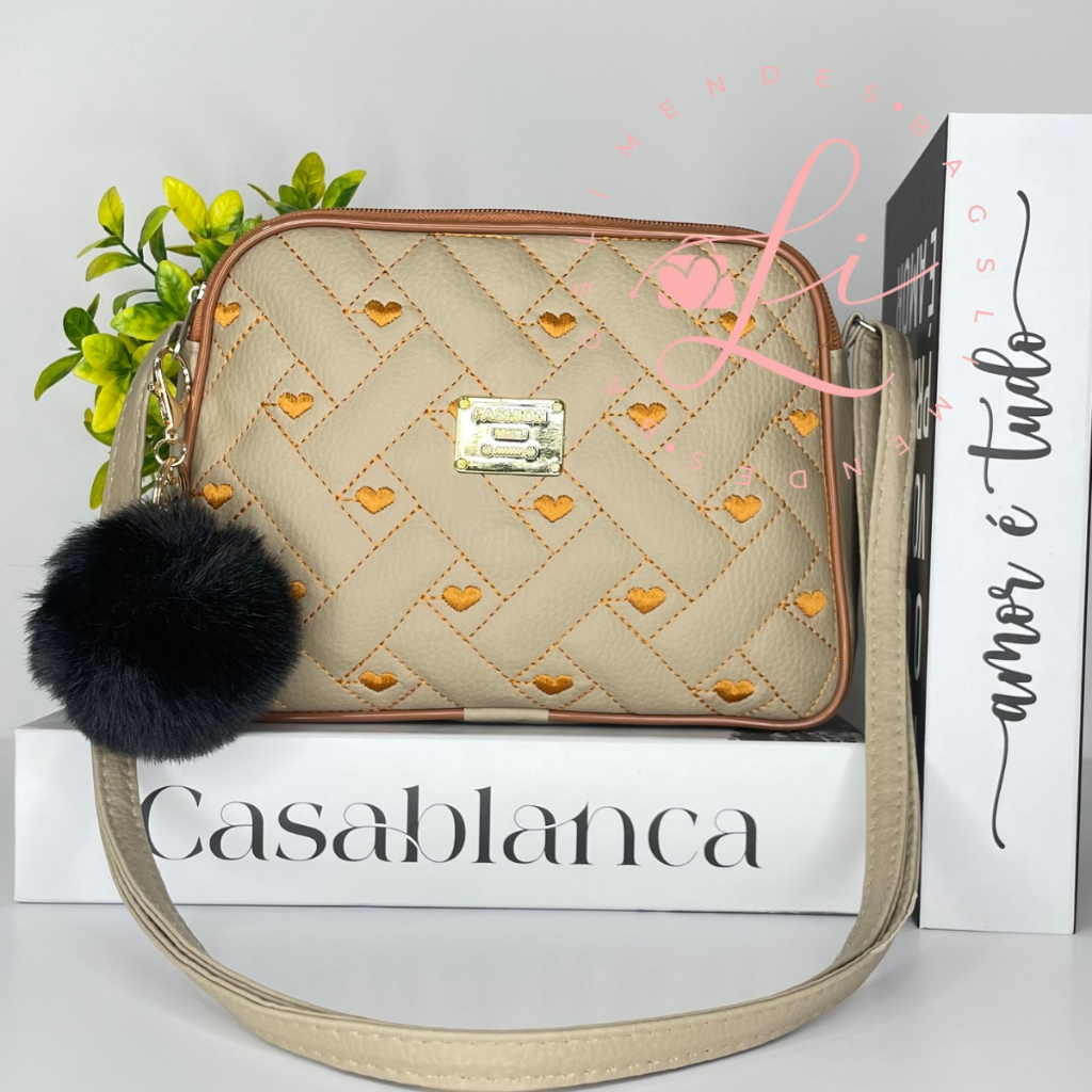 Bolsinha Feminina Transversal Com Pompom Moderna Bordado Corações Charmosa