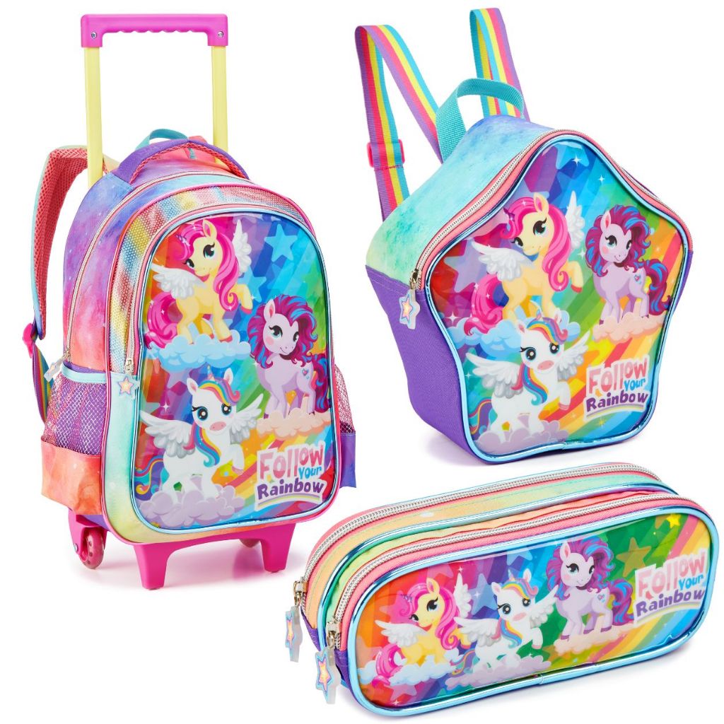 Kit Escola Menina Unicórnio Mochila Estojo Lancheira Passeio