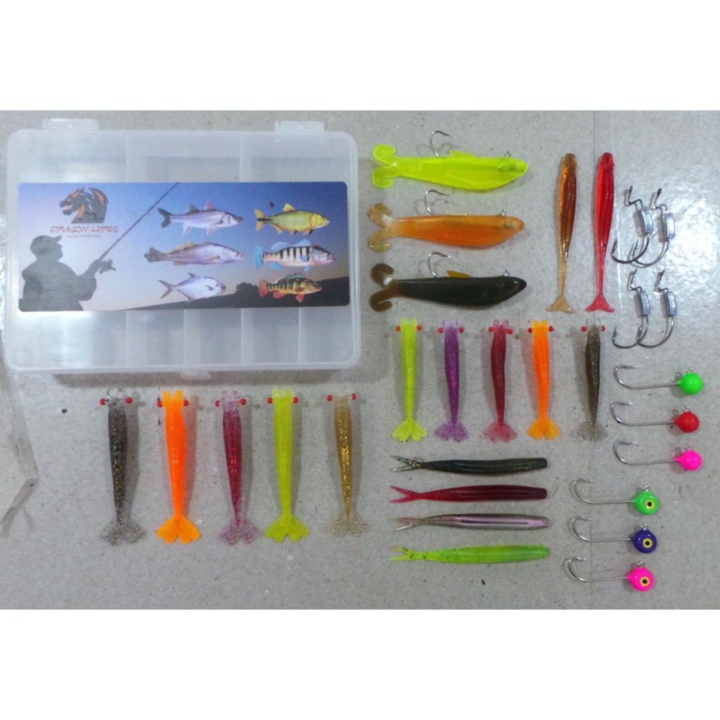 Kit isca Artificial Camarão Shad Jig Head 29 Peças + Estojo Tucunaré Robalo Dourado Corvina