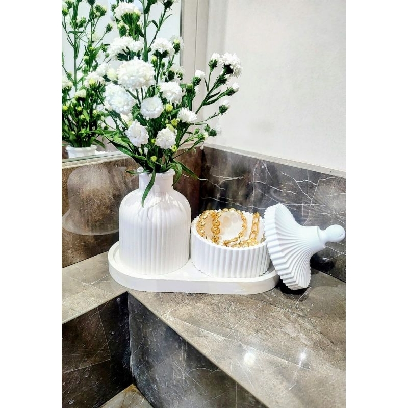 Kit 3 peças decorativas de gesso bandeja vaso e porta joias