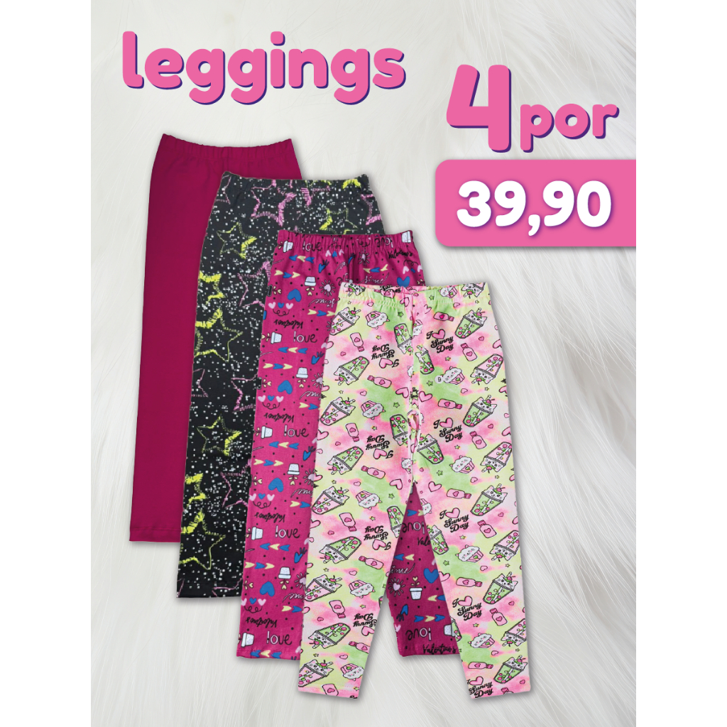 4 Calças Legging Infantil De Suplex Com Elastano Kit Com 4 Peças Estampadas Sortidas - Promoção Relâmpago 4 Por R$ 39 em Oferta na Shopee