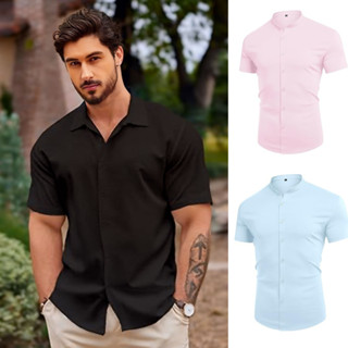 Camisa Masculina Manga Curta Social Viscose Gola Padre em Oferta na Shopee