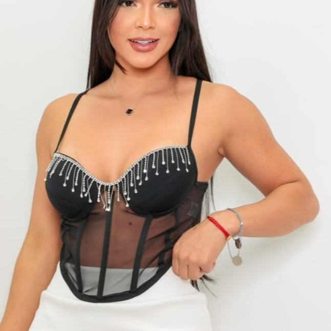 Cropped Corselet Tule Alça Detalhes Franja