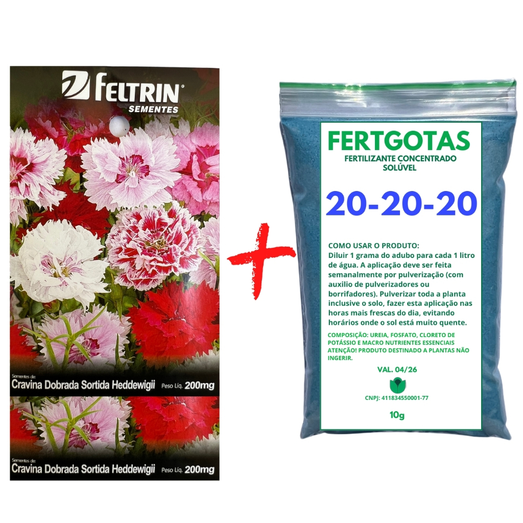 Até 390 Sementes de Cravina Dobrada Sortido - Feltrin + Fertilizante Solúvel 20-20-20