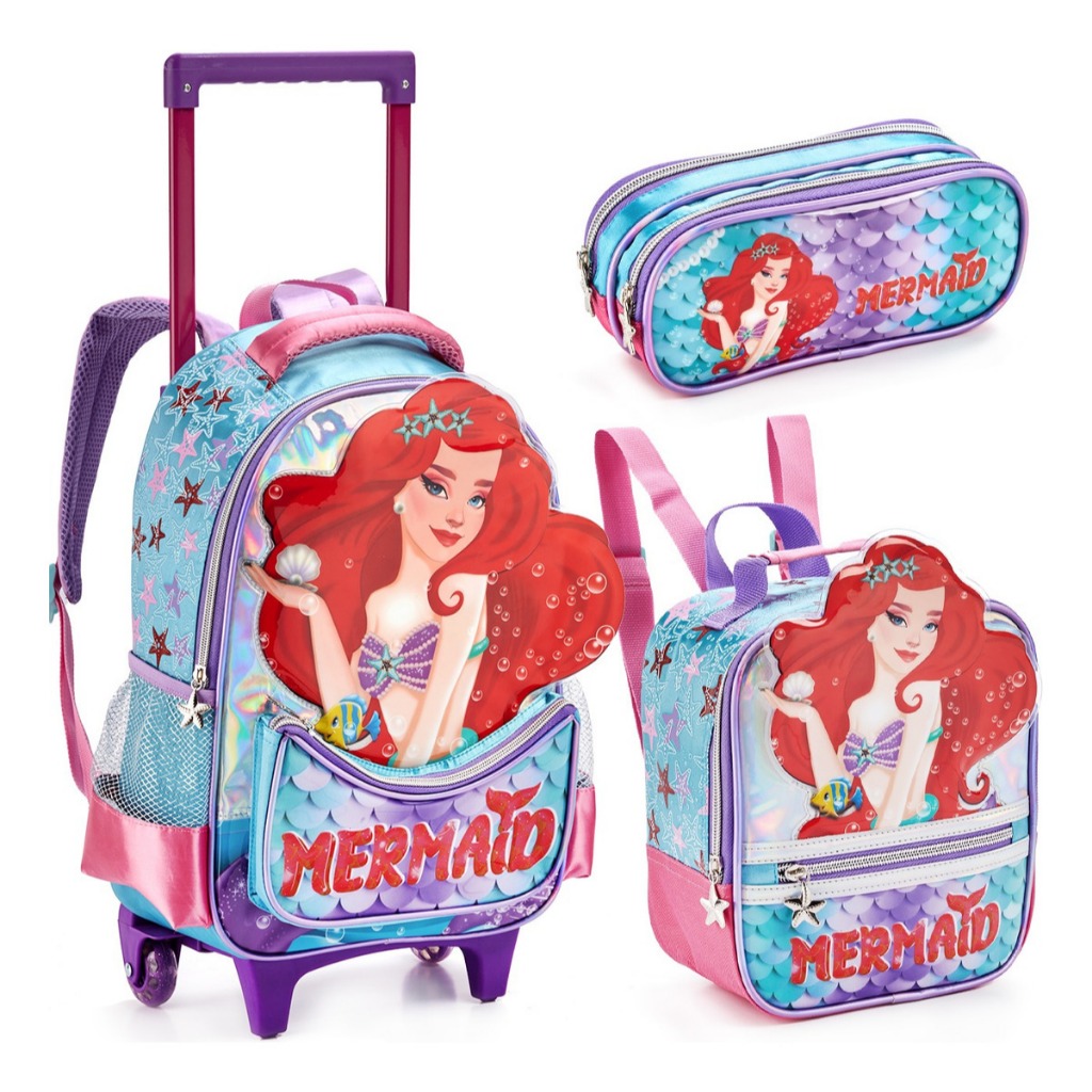 Kit Escolar Mochila Estojo Lancheira Sereia Infantil Rodinha