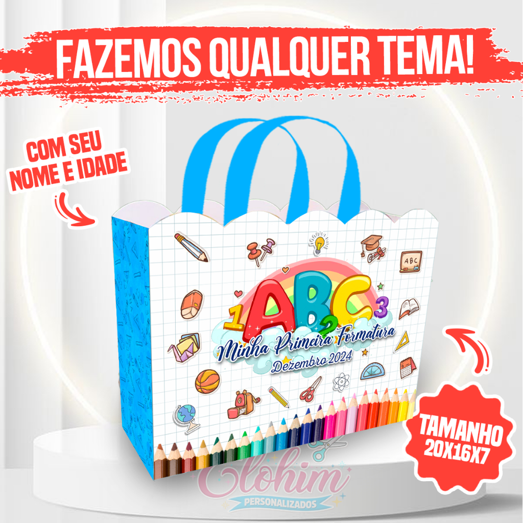 Sacolinha personalizada de papel para festa Horizontal PEGUE E MONTE  (TODOS OS TEMA) - Formatura ABC
