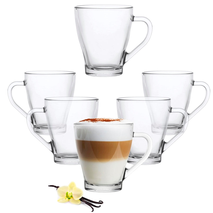 Jogo com 6 Xícaras Canecas em Vidro para Chá, Café e Cappuccino 280ml Modelo Bourbon Lisa