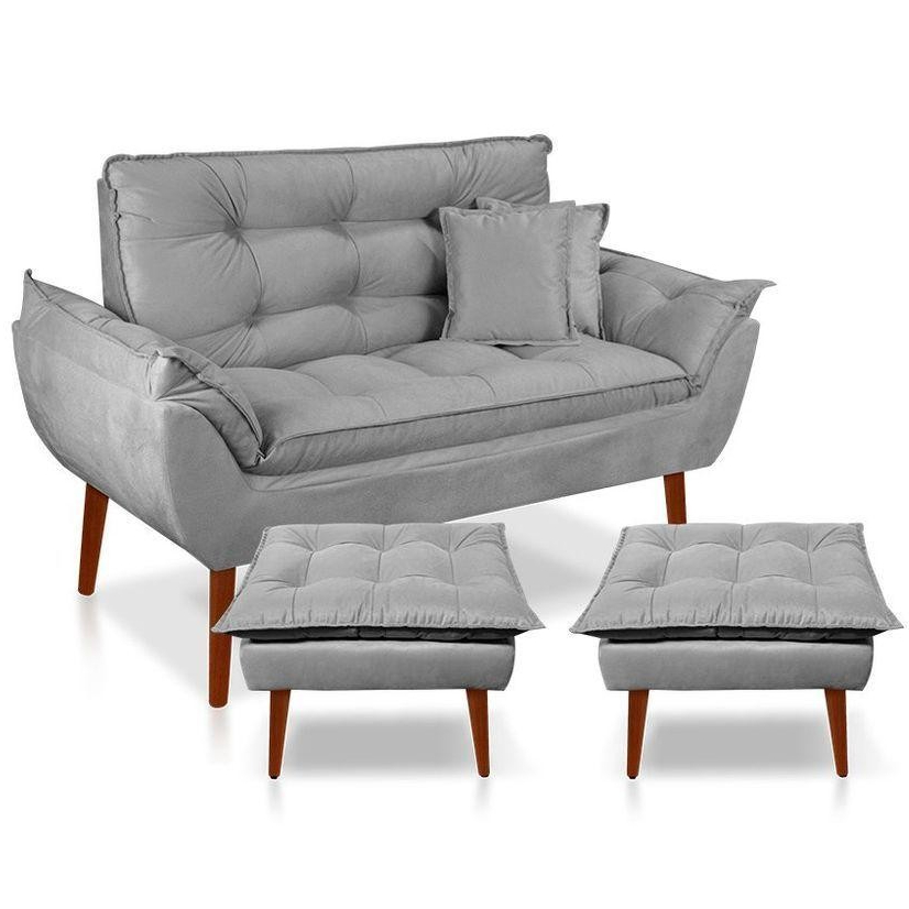 Kit com 1 Namoradeira Opala + 2 Puffs Opala + 2 Almofadas Suede Cinza Claro