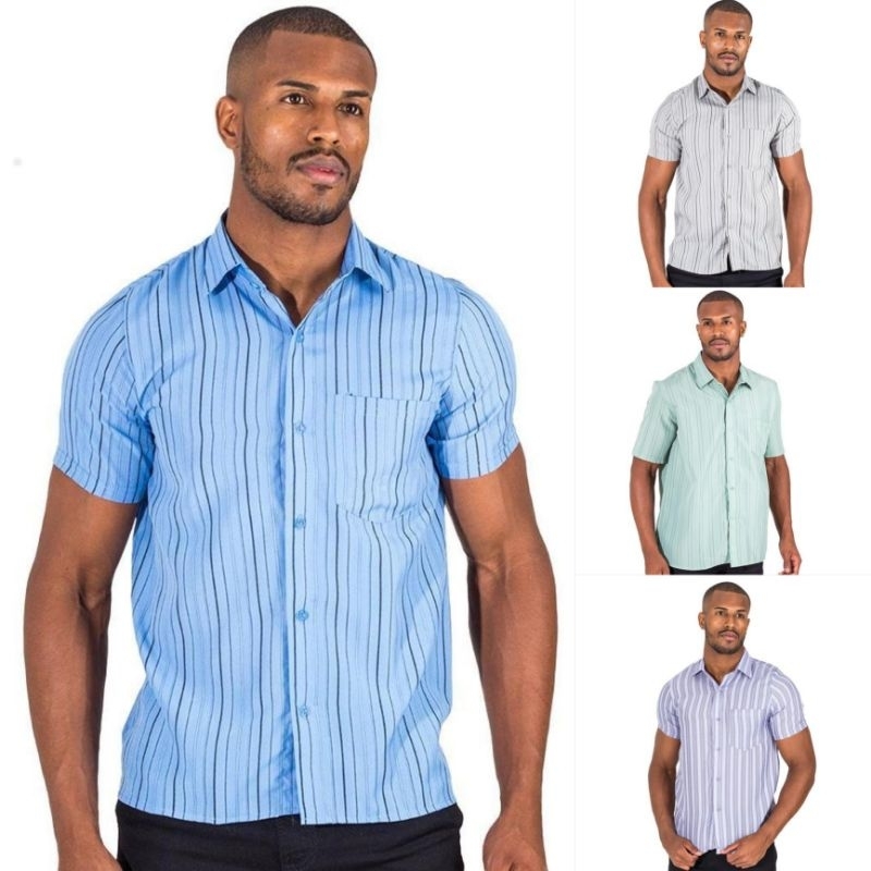 Camisa Social Masculina Manga Curta Listrada Não Amassa Camisa Com Listras