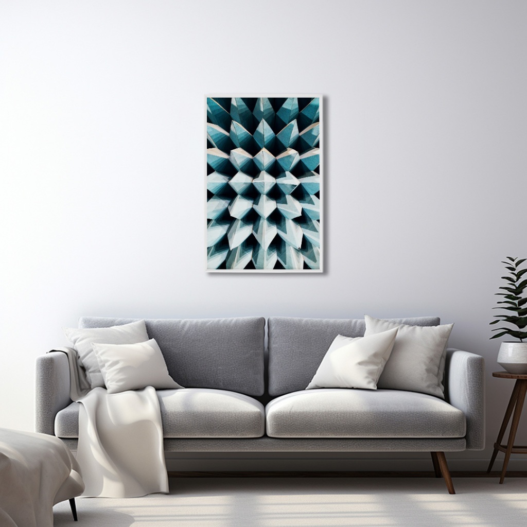 Quadro Decorativo Geométrico 3D em Tons de Azul e Branco Moldura 50x75 e 60x90