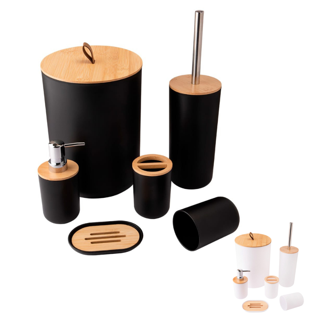 Kit pra Banheiro Bambu Conjunto Lavabo Saboneteira Lixo de Banheiro Acessorios 6 ou 4 peças em Oferta na Shopee