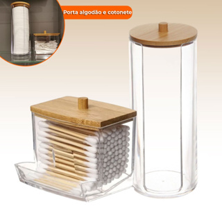 Organizador Algodão E Cotonetes Acrílico Tampa Bambu Kit em Oferta na Shopee
