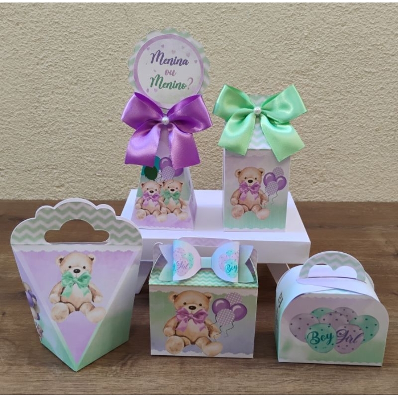 kit Festa Caixinhas Personalizadas Lembrancinhas CHÁ REVELAÇÃO URSINHOS LILÁS E VERDE Pegue e Monte.