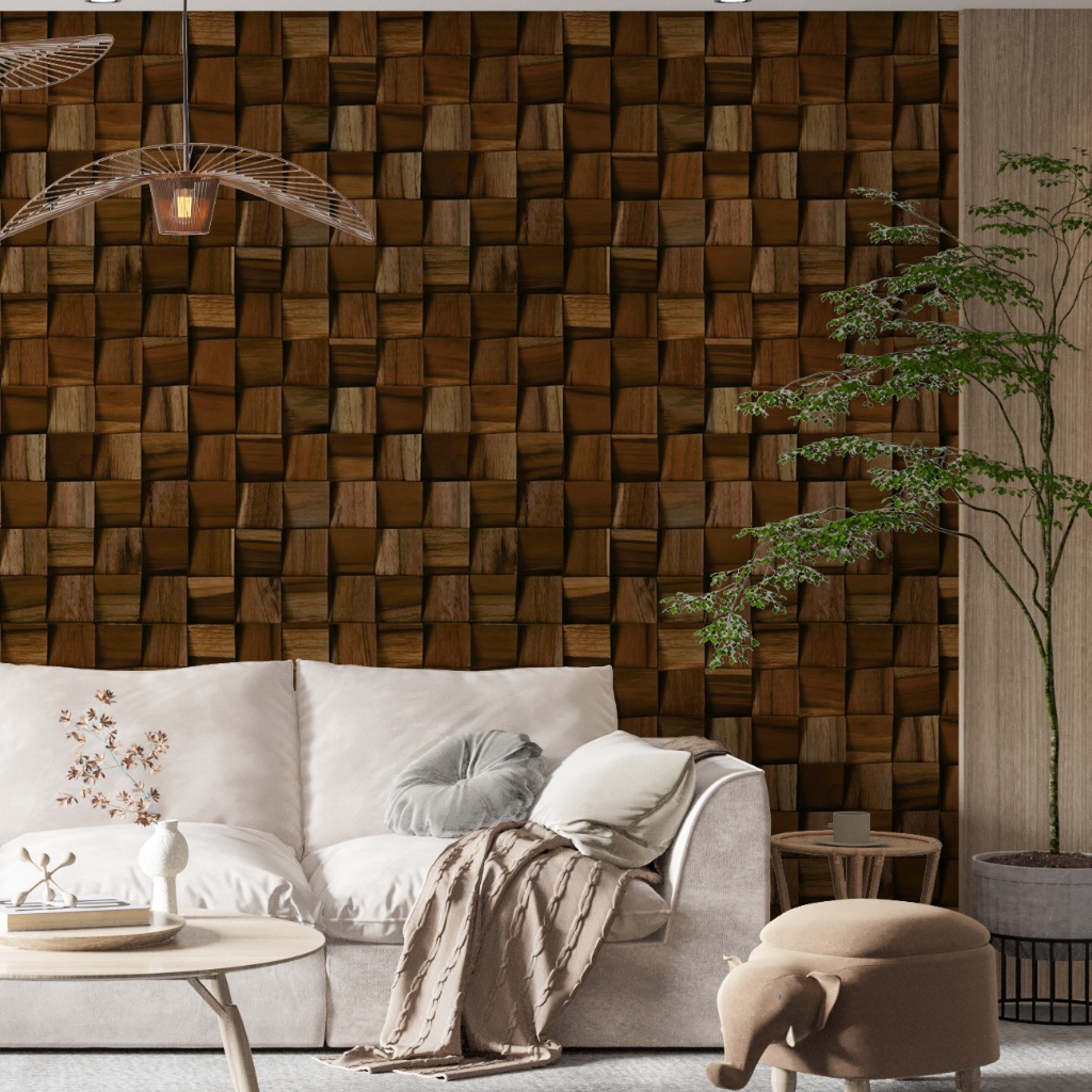 Papel De Parede 3D Adesivo Madeira Quadriculada - Cubo de Madeira - Vinil Autocolante