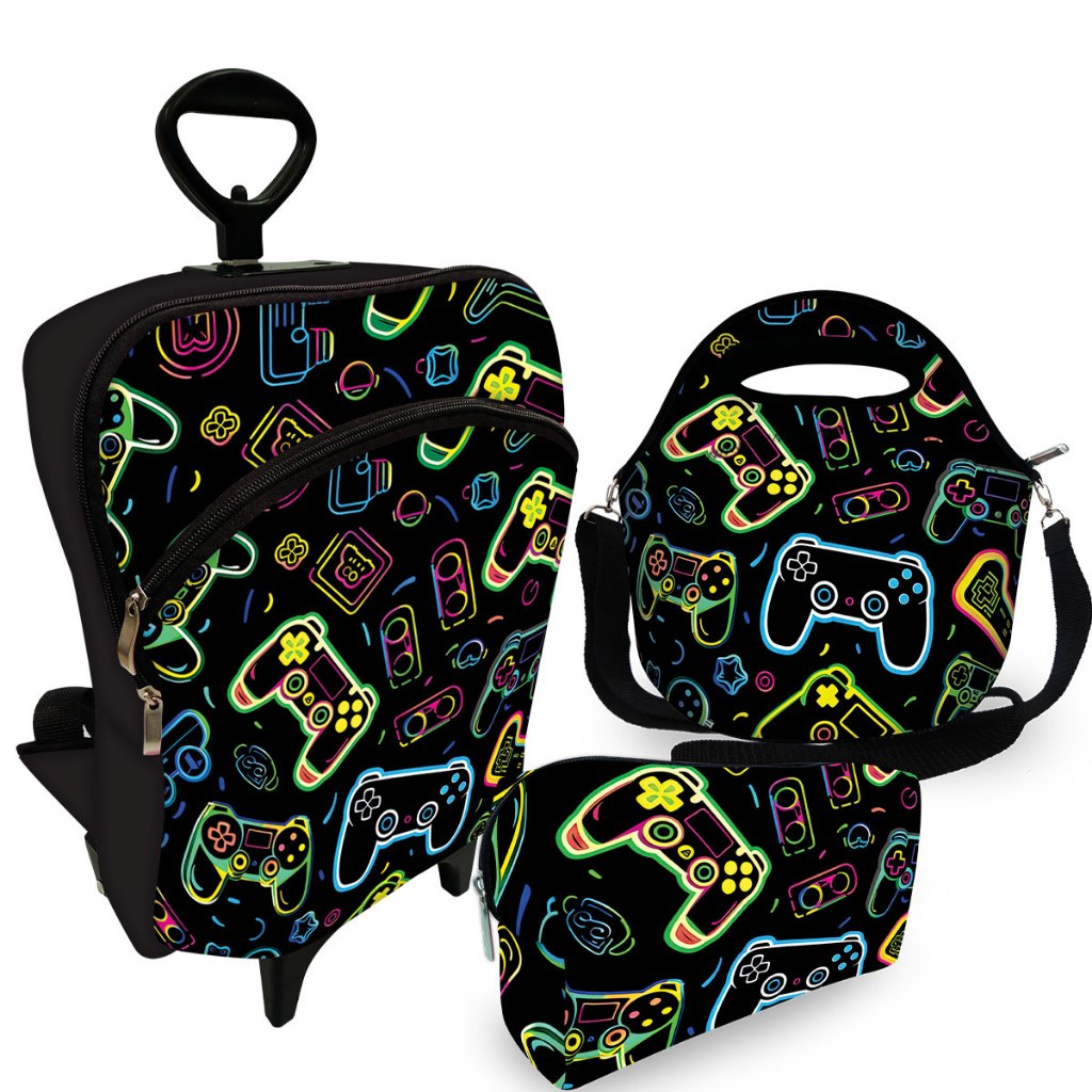Kit Mochila Escolar Infantil Com Rodinha Carrinho + Lancheira Bolsa Escolar + Estojo Plus - Games Neon OFERTA