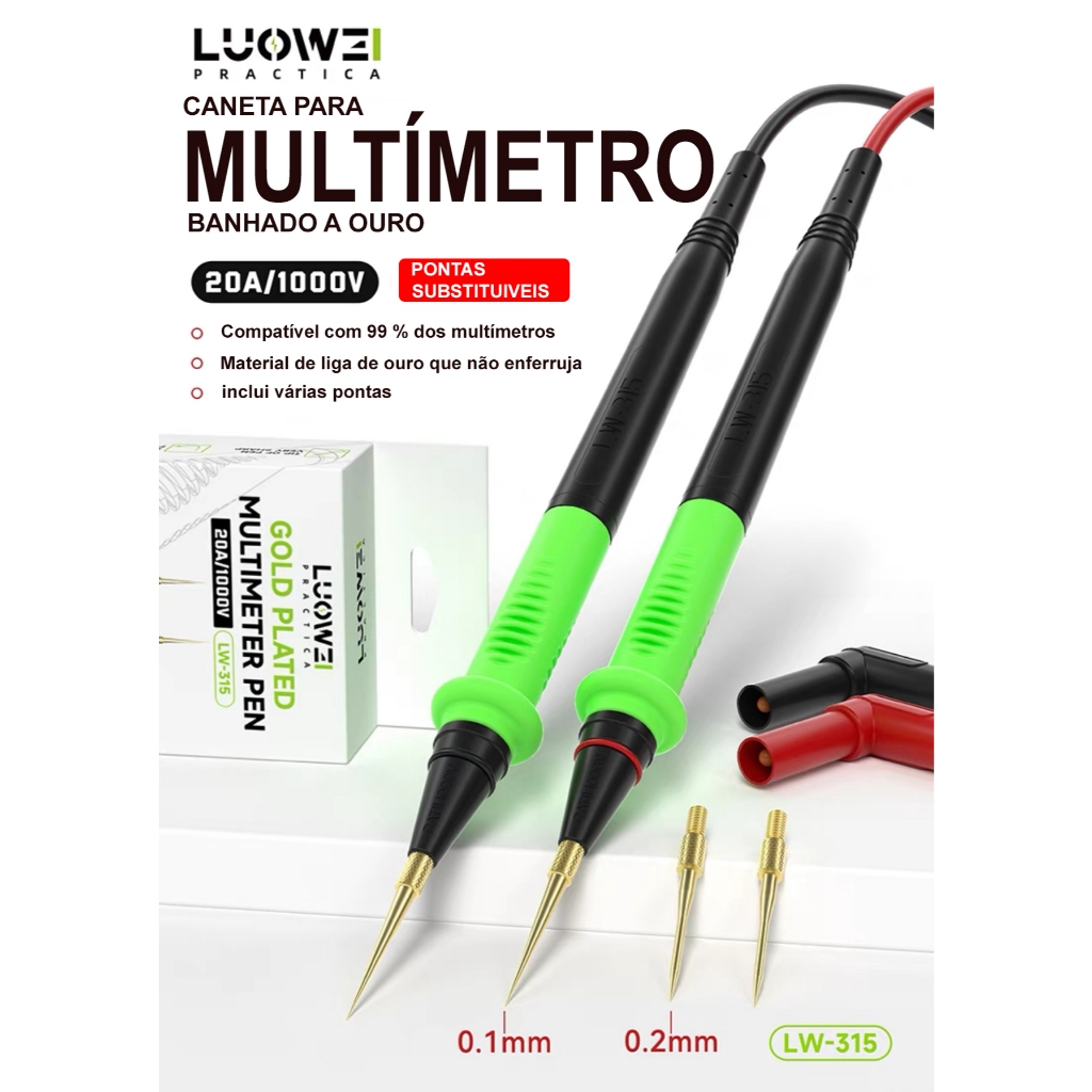 Ponta Para Multímetro Luowei Banhada A Ouro C/ Pontas Extras LW-315