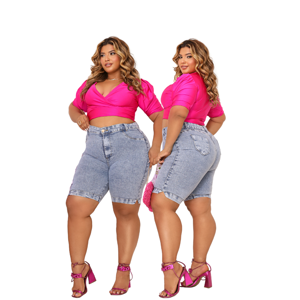 Bermudas Jeans Plus Size Marmorizada Cintura Alta Levanta Bumbum Até o Joelho Elastano Curve Premier em Oferta na Shopee