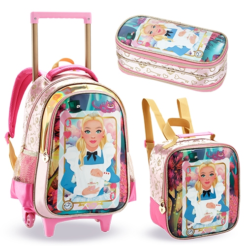 Kit Escolar Mochila Carrinho Rodinha Lancheira Estojo Estilo Alice No Pais Das Maravilhas Infantil