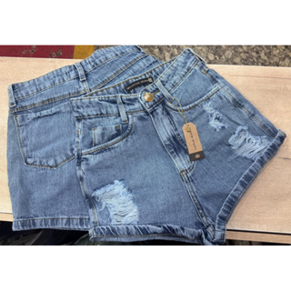 short  jeans cintura alta marmorizado e navalhado 100% algodão em Oferta na Shopee
