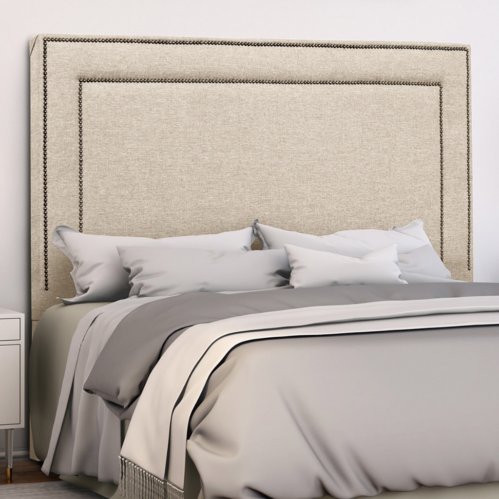 Cabeceira Linho Estofada Com Tachinha de Metal Fumê Para Cama Casal/Queen Fixação no Box -...