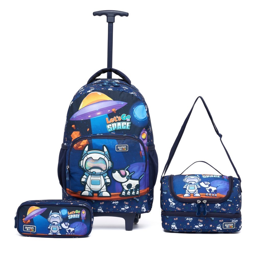 Kit Mochila de Rodinha Estojo Lancheira Térmica Astronauta Infantil Menino Resistente