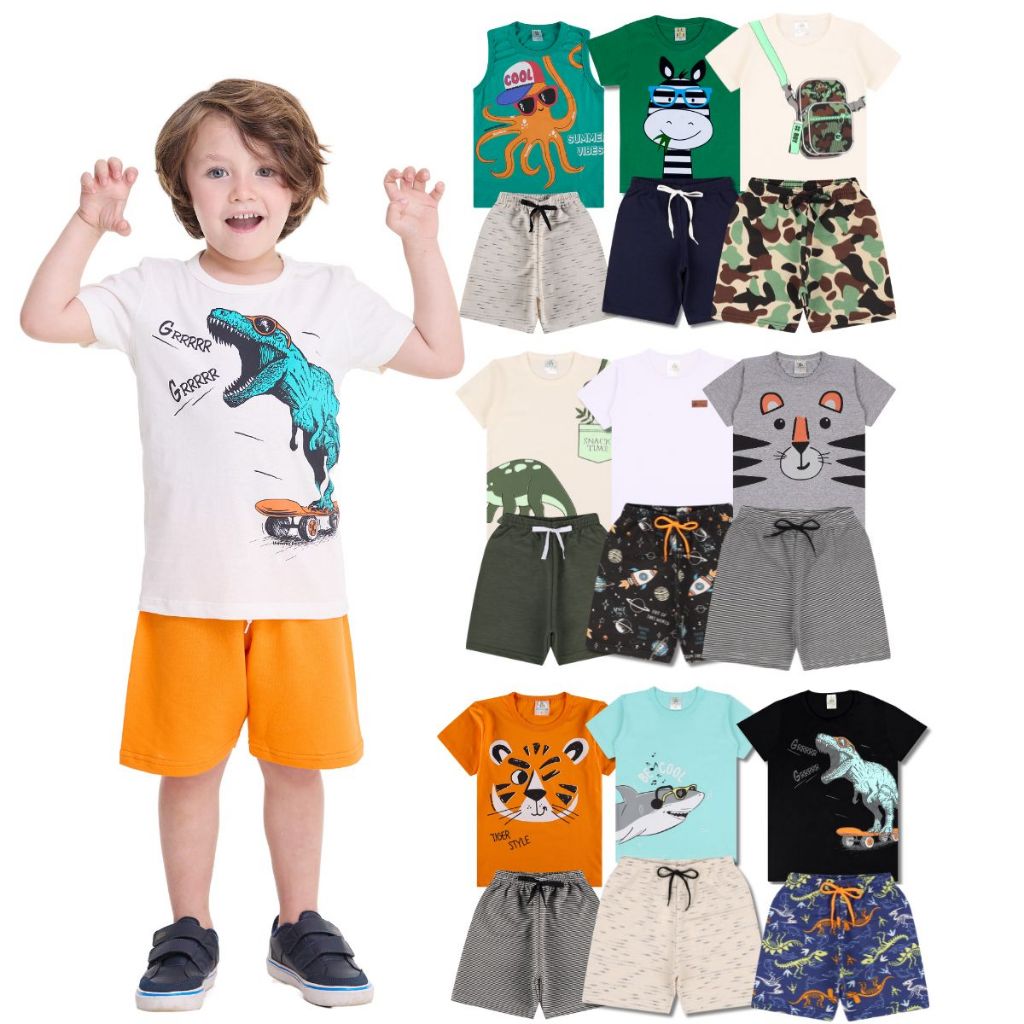 Kit Sortido 6 Peças de Roupas Infantil Menino 3 Camisetas + 3 Bermudas - Kit com 3 Conjuntos Infantil Verão Menino Bebê