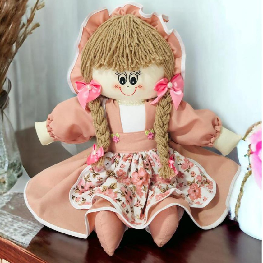 Boneca de Pano 50 cm Artesanal Ester Rosa Gold Decoração brinquedo Infantil Bebê