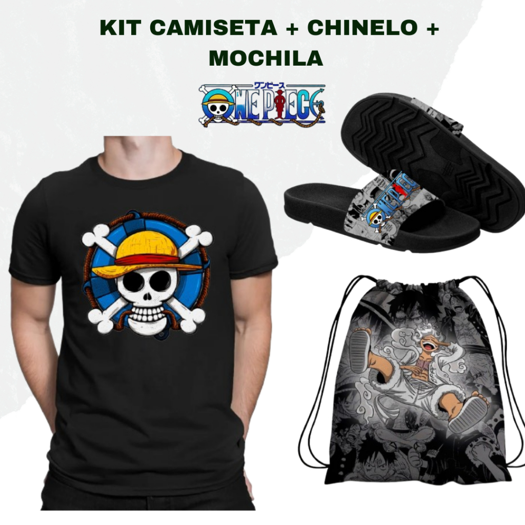 Kit One Piece Camiseta Masculina 100% Algodão + Chinelo Slide Nuvem Ergonômico + Mochila Saco Luffy Gear Five T-Shirt