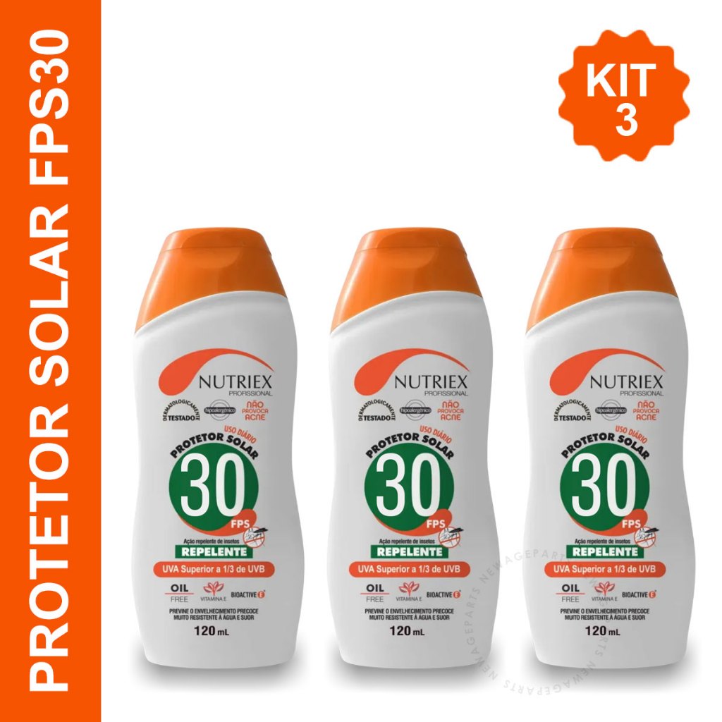 Kit 3 Protetor Solar FPS 30 Profissional Nutriex 120ml Com Repelente