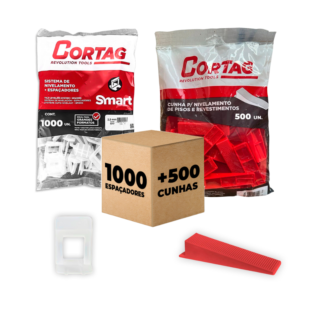 Kit Espaçador Smart Cortag + Cunhas Granel 500 Unidades Nivelamento Piso Rejunte Azulejo Cerâmica