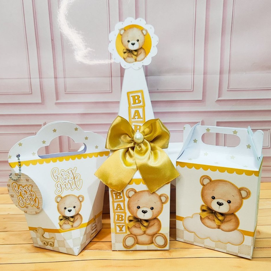 KIT 20/40/60 FESTA CAIXINHAS PERSONALIZADAS PARA LEMBRANCINHA DE ANIVERSÁRIO CHÁ REVELAÇÃO CHÁ DE BEBÊ DOURADO URSINHO