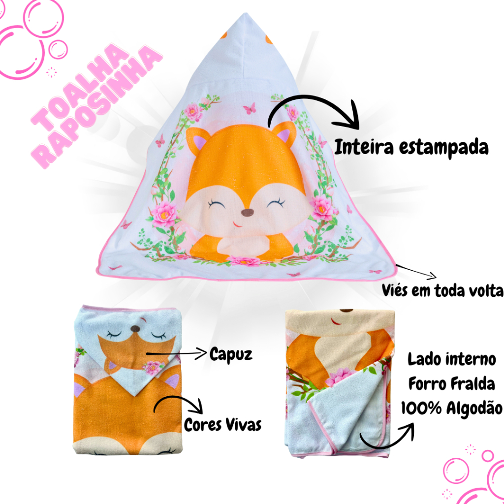 Toalha de banho Raposinha Rosa capuz bebê infantil dupla camada fralda 100% algodão 75 x 95 cm