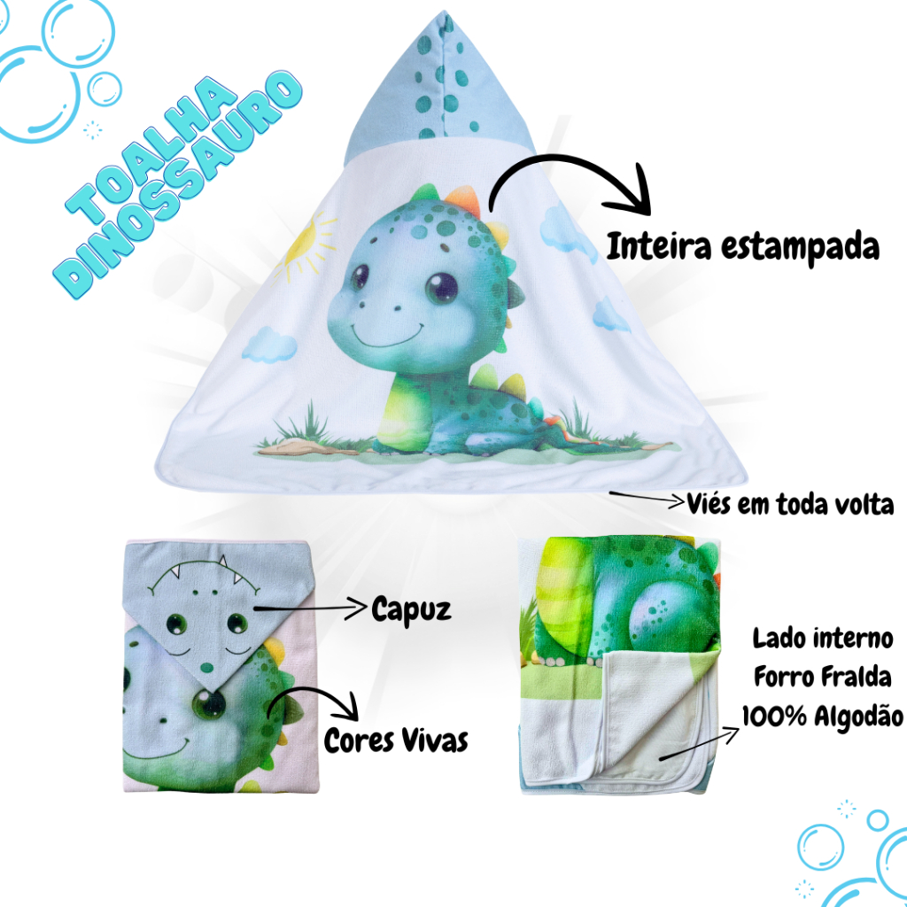 Toalha de banho Dinossauro com capuz bebê infantil dupla camada fralda 100% algodão 75 x 95 cm