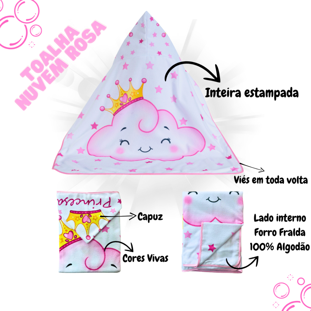 Toalha de banho Nuvem Rosa Princesa capuz bebê infantil dupla camada fralda 100% algodão 75 x 95 cm