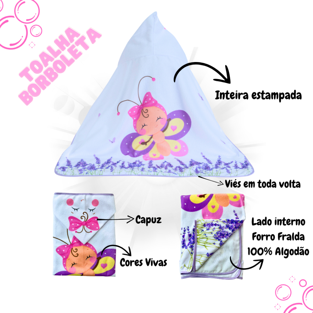 Toalha de banho Borboleta Lavanda capuz bebê infantil dupla camada fralda 100% algodão 75 x 95 cm