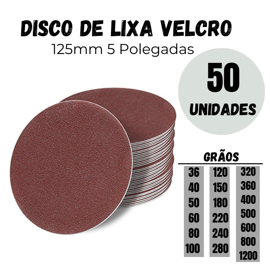 Kit 50 Discos de lixa Rokit com velcro pluma/base aderente, 125mm para ferro, madeira 50 Unidades